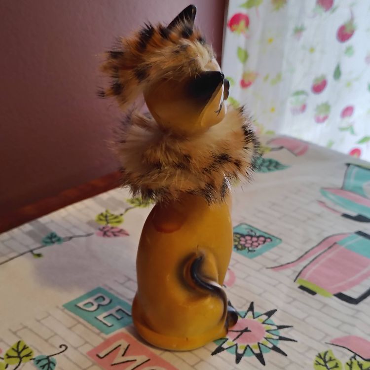 Vintage Siamese Cat Figurine with WILD Fur! | Long Necked Tall Cat with Tiger Striped Real Fur Ruffs | 1960s Made in Japan