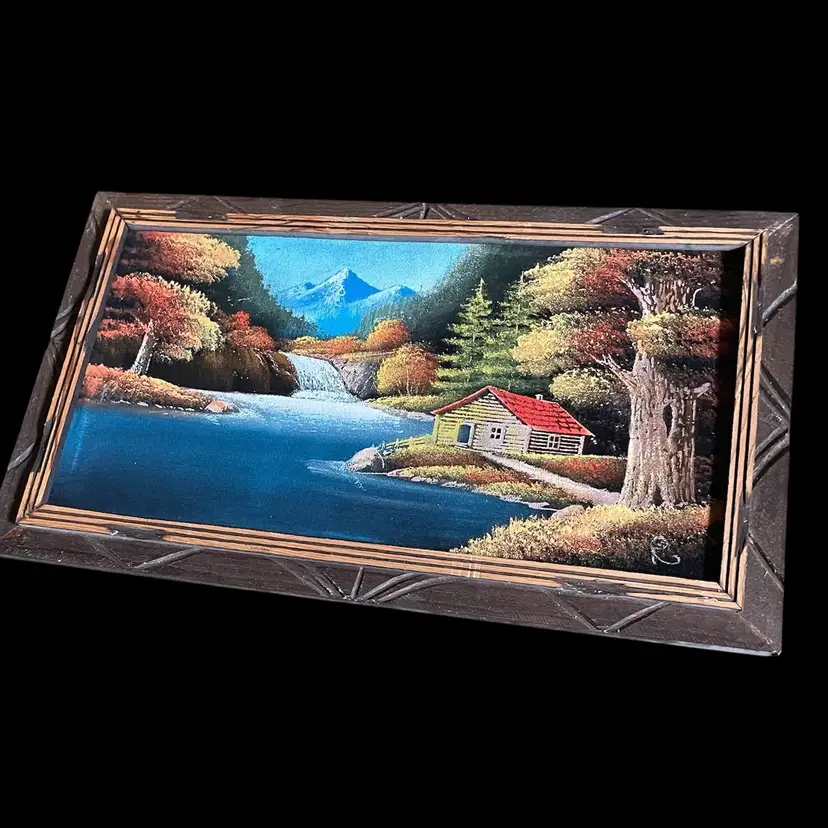 Black Velvet Cabin Scene Painting Vintage Folk Art Hecho en Mexico