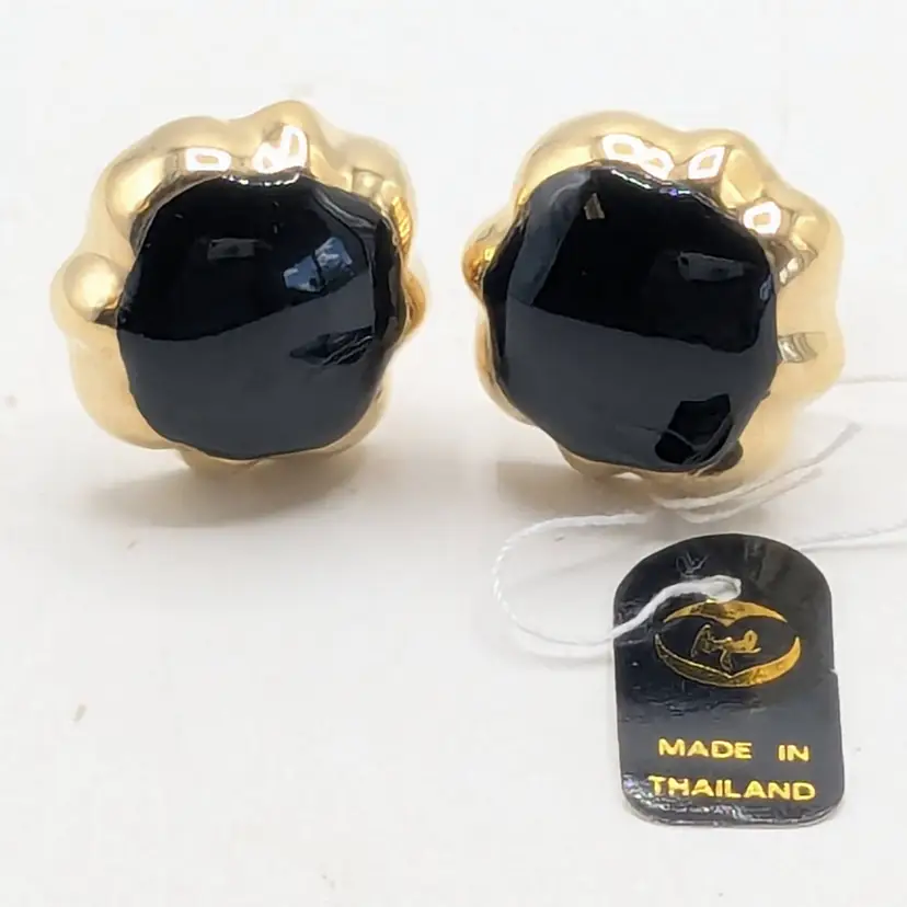 Vintage Gold Tone Black Cabochon Clip-On Earrings NOS