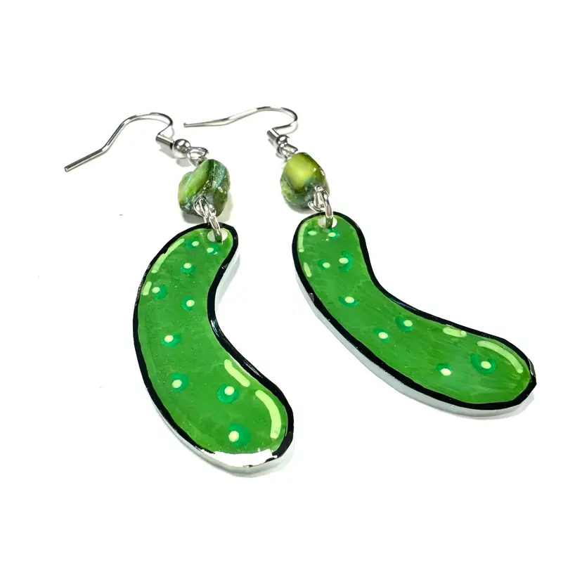 Handmade Pickle Earrings Shrink Plastic Green Shell Bead Silver Tone 2.5”L