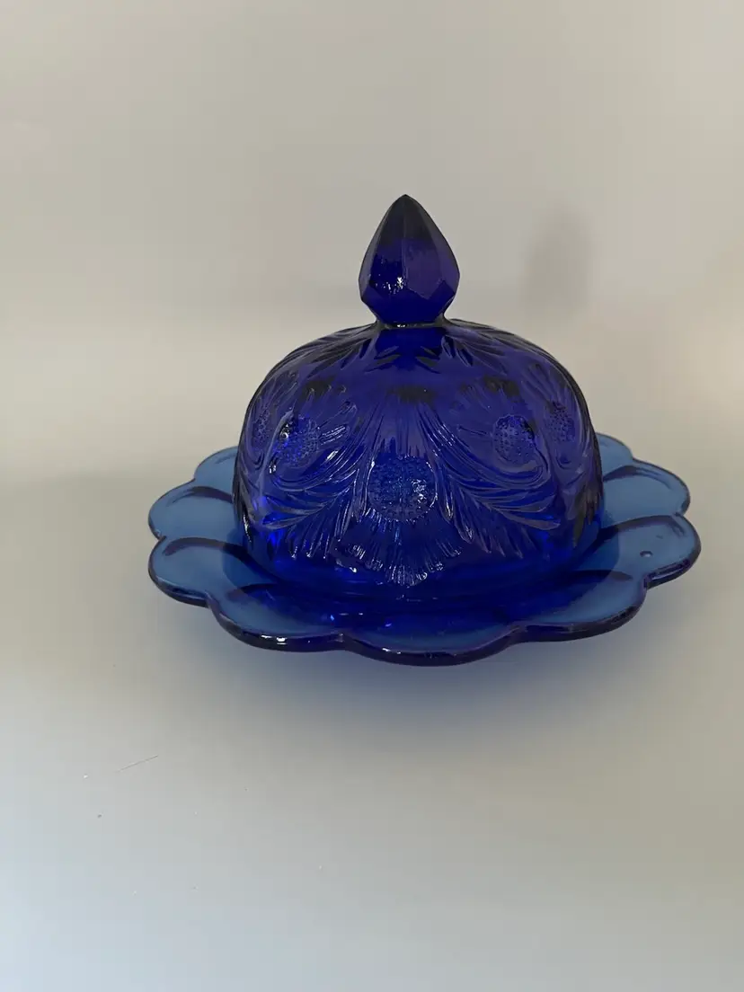 Vintage Mosser Inverted Thistle Cobalt Blue Glass Covered Butter Dish