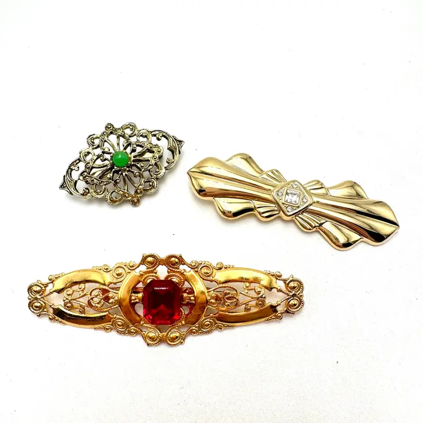 Red Green Rhinestone Gold Tone Brooch Bridgerton Inspired Jewelry Lot
