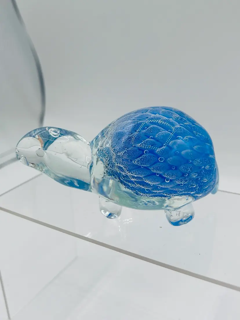 Unmarked Art, Glass, Blue And Clear Turtle With Controlled Bubbles