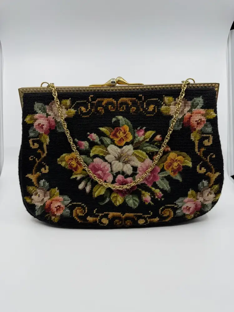 Vintage Floral Needlepoint Purse W Attached Coin Purse & Mirror 14”