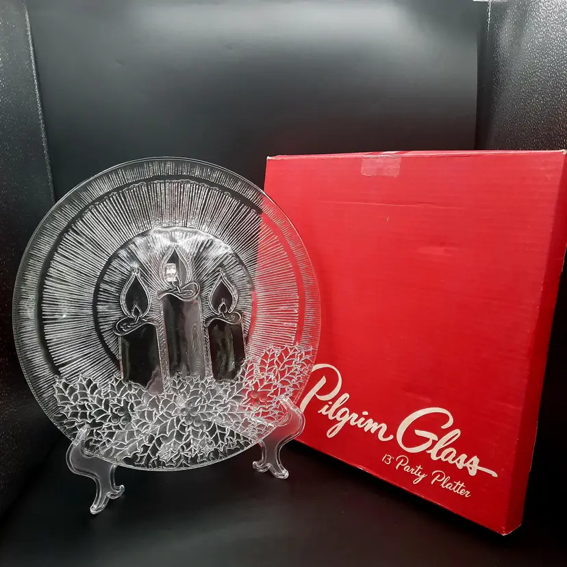 Pilgrim Glass Christmas Candle Round Serving Party Platter Tray Plate Original Box