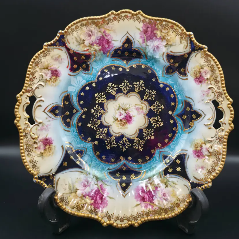 RS Prussia Cake Plate Mold RSP 343 Cobalt, Gold Trim, Hand Painted Floral Design