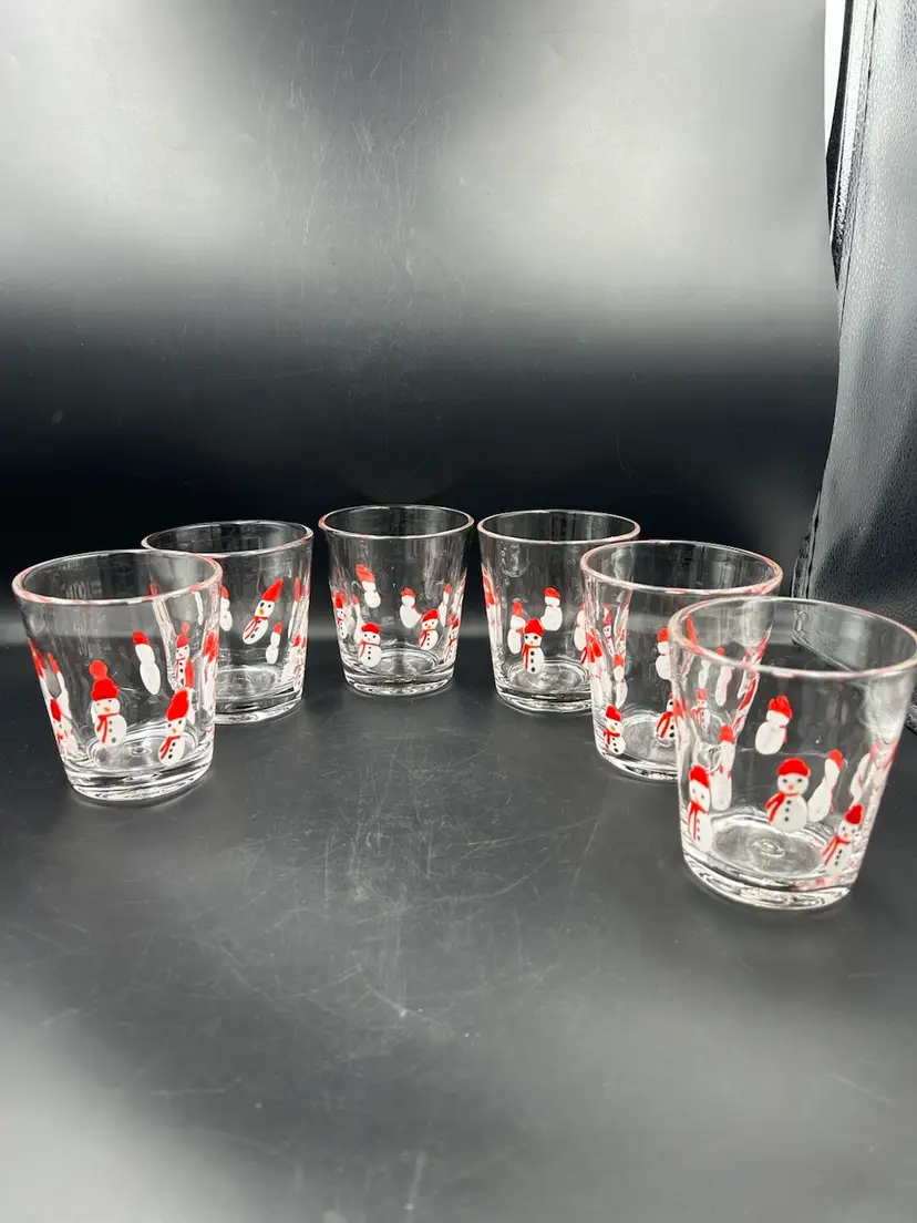 6 Vintage Crate And Barrel Floating Snowman Blown Glass 12 Ounce Tumblers Holiday/Winter