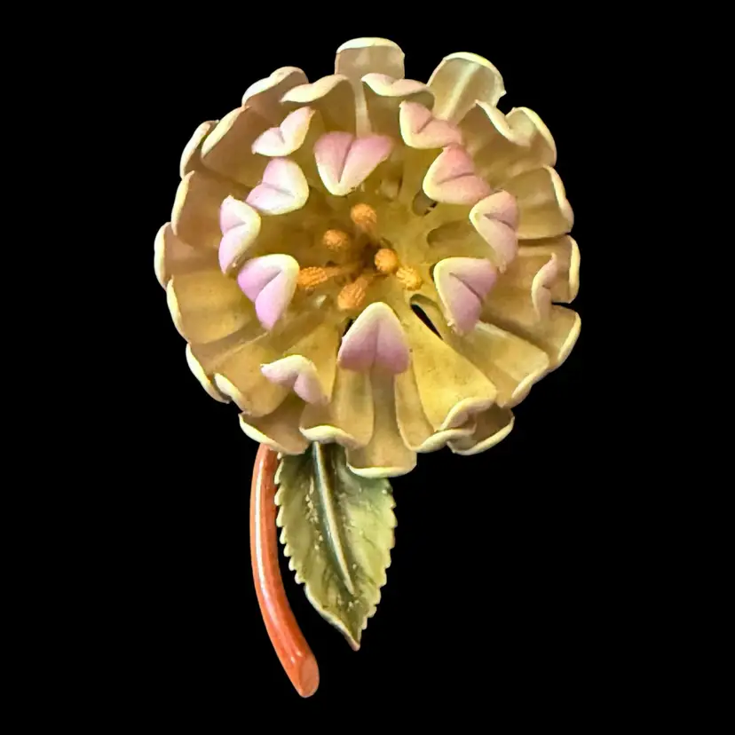 Purple & Green Enamel Chrysanthemum Flower Pin Brooch 2.5”