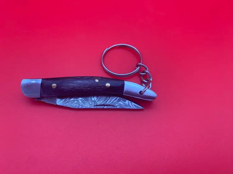 Gray Wooden Handled Damascus Blade Keychain Pocketknife