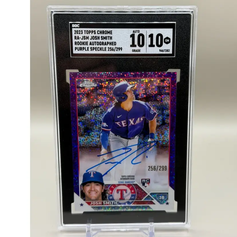 Josh Smith 2023 Topps Chrome Rookie Auto Purple Speckle /299 SGC 10/10.  Texas Rangers