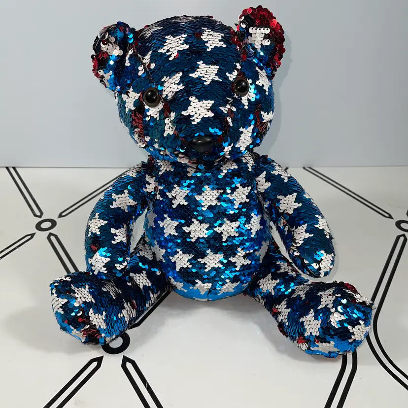 Goffa Sequin Teddy Bear Patriotic Stars Red White Blue Reversible Sequins Collectible Plush