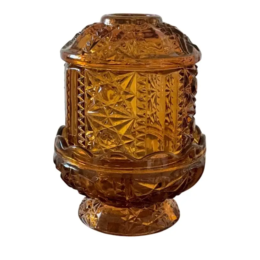 Vintage 2-piece Indiana Glass Amber Stars And Bars Fairy Lamp 6 1/2” X 4 1/2”