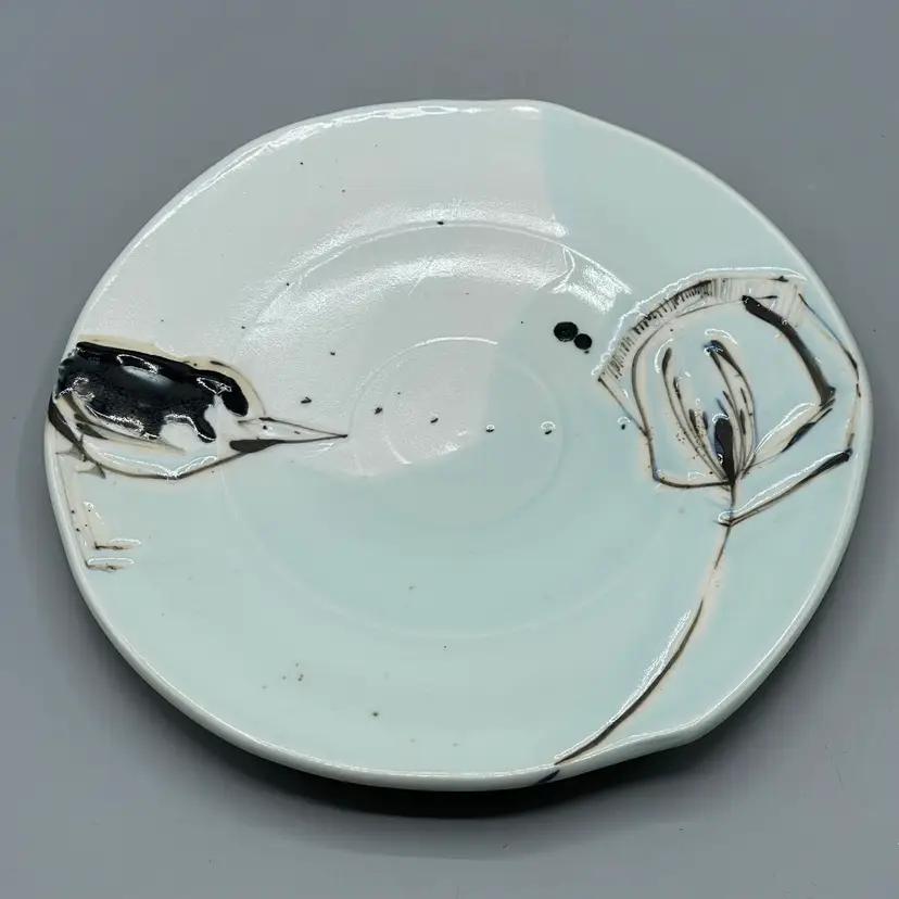 Studio Art Pottery Signed Bird & Flower Plate White & Blue