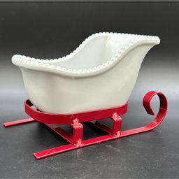 Christmas Sleigh Decor, Bright, White, Ceramic And Red metal candy dish or planter or whatever your heart desires very nice