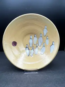 #265A Vintage Hand Thrown Pottery Bowl With Bowling Ball And Pins Design. 10” In Diameter