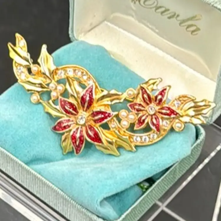 #02 Avon Brooch, Pin, Christmas, Flower, Poinsettia, Gold Tone, Red Rhinestone, Faux, Pearl