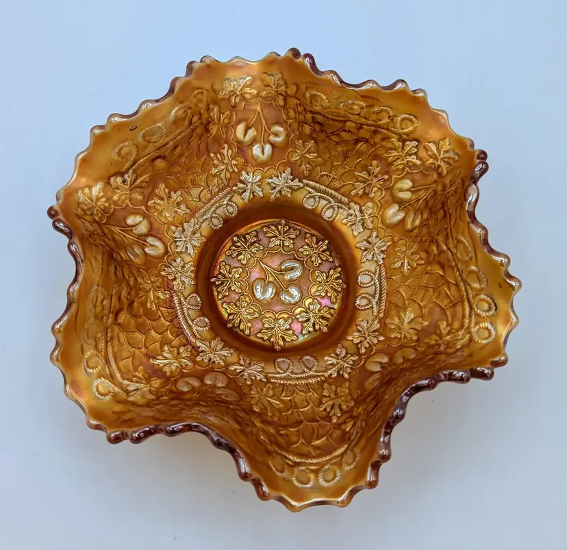 FENTON Cherry Chain Marigold Carnival Glass Dish 
 6". Pre-1970. Deep Colour