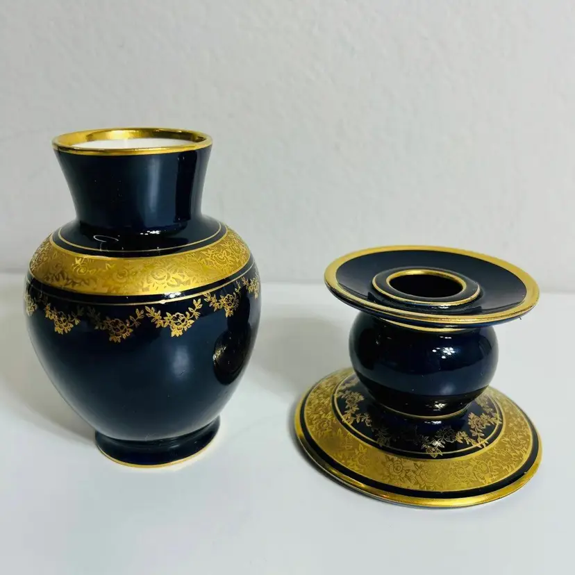 Lindner Kueps Candleholder Vase Bavaria Blue Cobalt Germany Set 2 Vintage