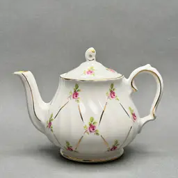 Vintage Sadler England White Swirl Fluted Teapot with Pink Roses and Gold Gilt