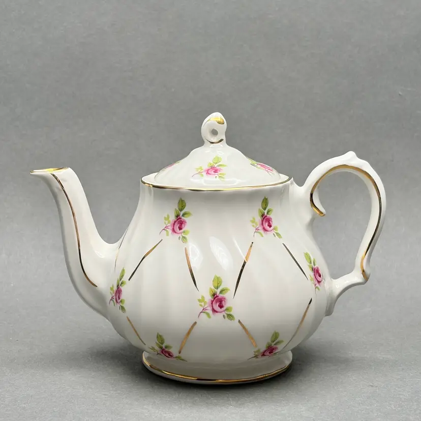 Vintage Sadler England White Swirl Fluted Teapot with Pink Roses and Gold Gilt