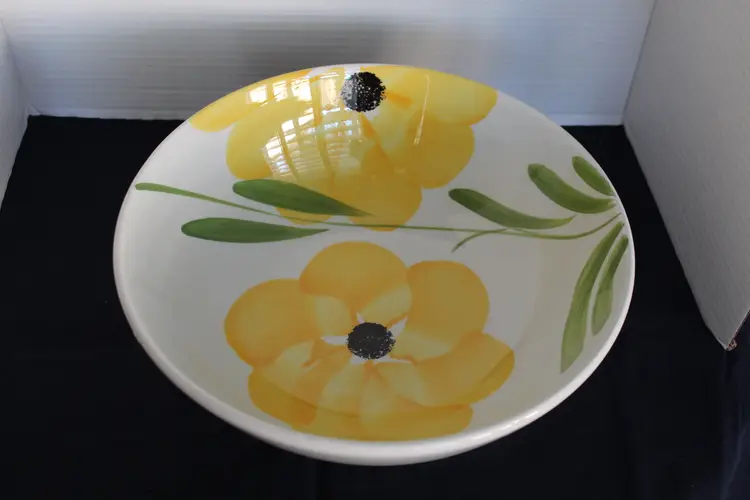 Vintage Ceramica Made In Italy Hand Painted with Yellow Flowers 11” Pasta Bowl