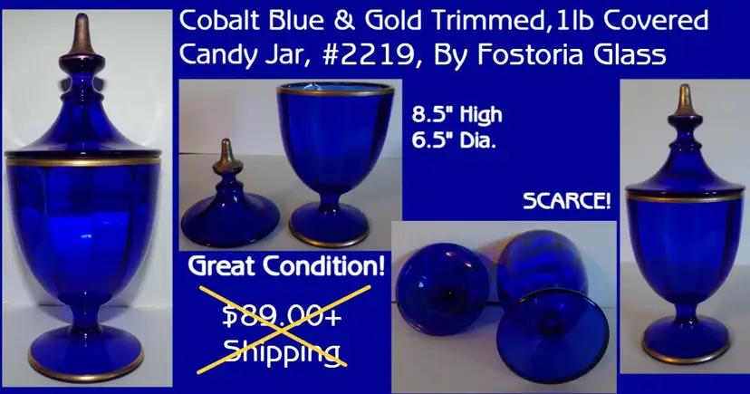 Vintage RARE Fostoria Glass, Cobalt Blue w/Gold Trim  1 Lb. Candy Jar #2219