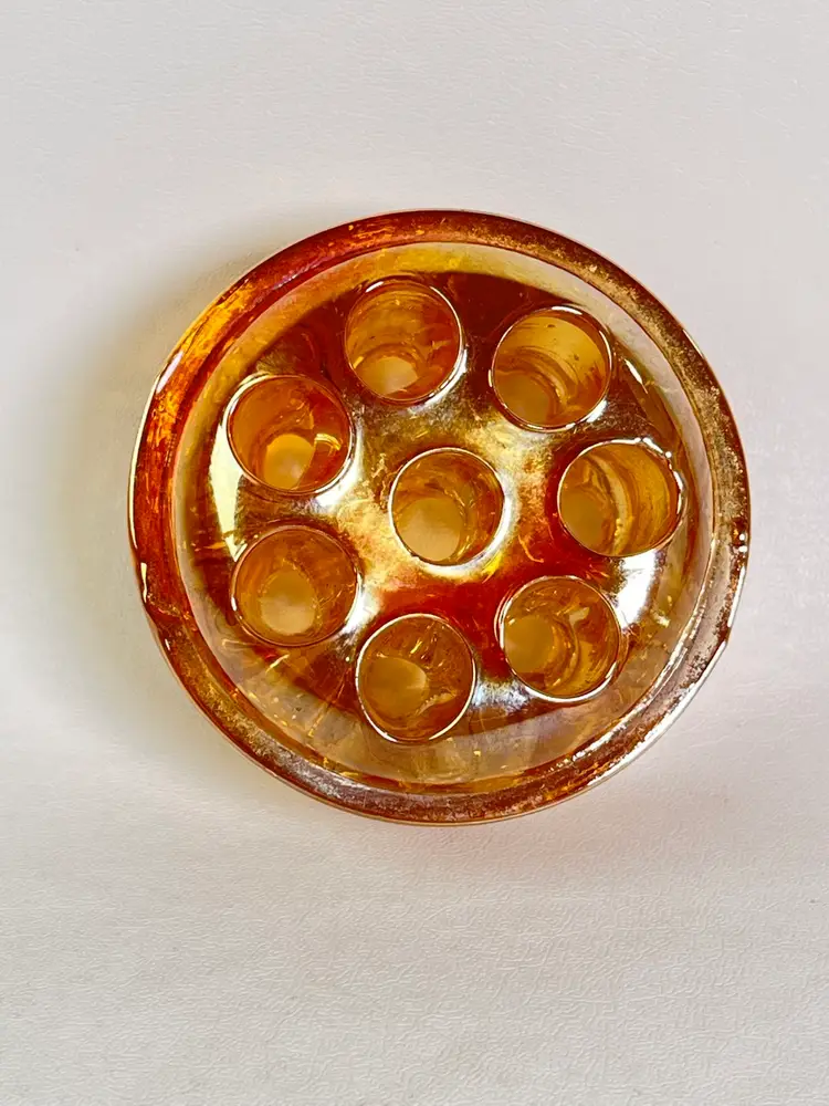 Vintage Carnival Glass Marigold Flower Frog 8 Holes 2 3/8 inch Iridescent