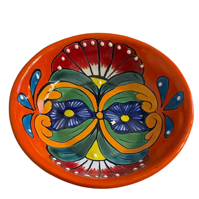 Colorful Hand Crafted Mexican White Clay Pottery Bowl 7.5” Diameter By 2” Tall Orange Base Color Inside