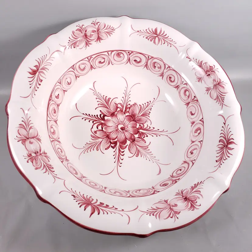 Vintage PORTUGAL Hand Painted Maroon FLORAL FAIENCE Ceramic Wash Basin BOWL