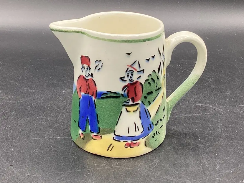 2366-Small Vintage Creamer/Pitcher Made In Czechoslovakia Man and Woman & Windmill 3" Tall