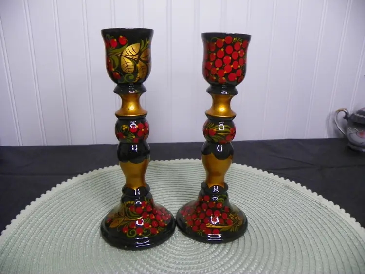 Khokhloma Russian Folk Art Wooden Candlesticks