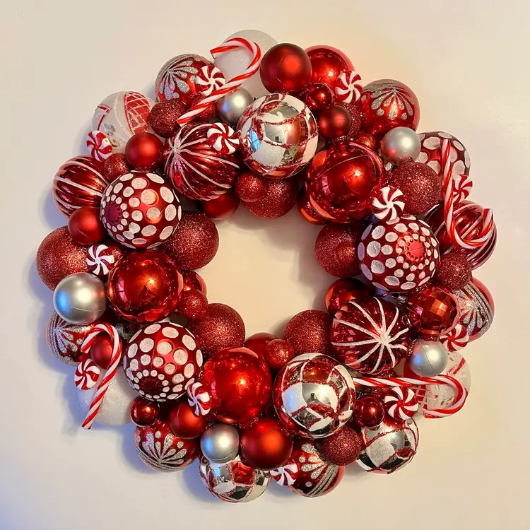 Vintage RED WHITE Mixed Ornament Wreath Christmas Holiday CUSTOM Handmade 15"