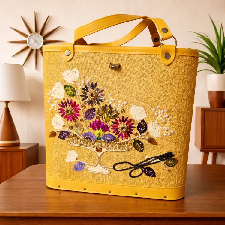 Vintage 1960s Enid Collins Style Box Bag Yellow Floral Jeweled Embellished Wood Bottom Purse