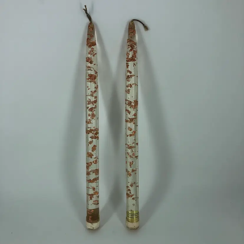 Vintage MCM Set of 2 Lucite & Copper Flakes Taper Candlesticks