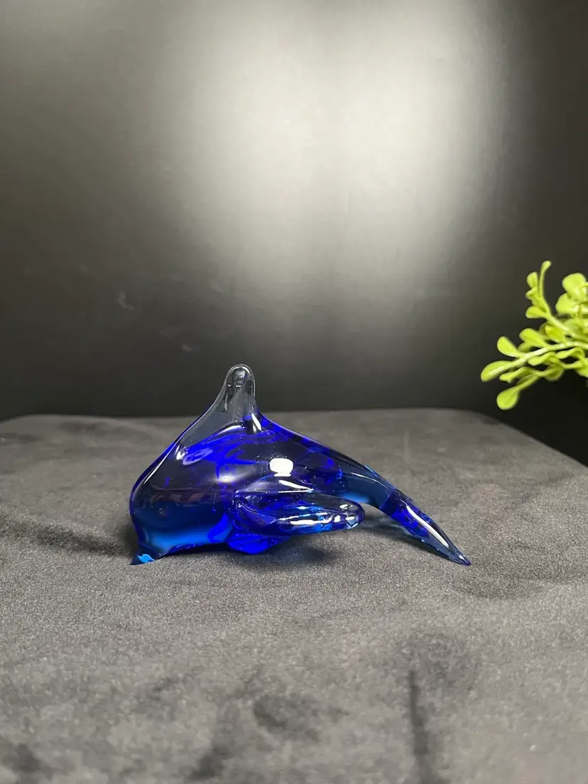 Cobalt Blue Art Glass Dolphin Paper Weight