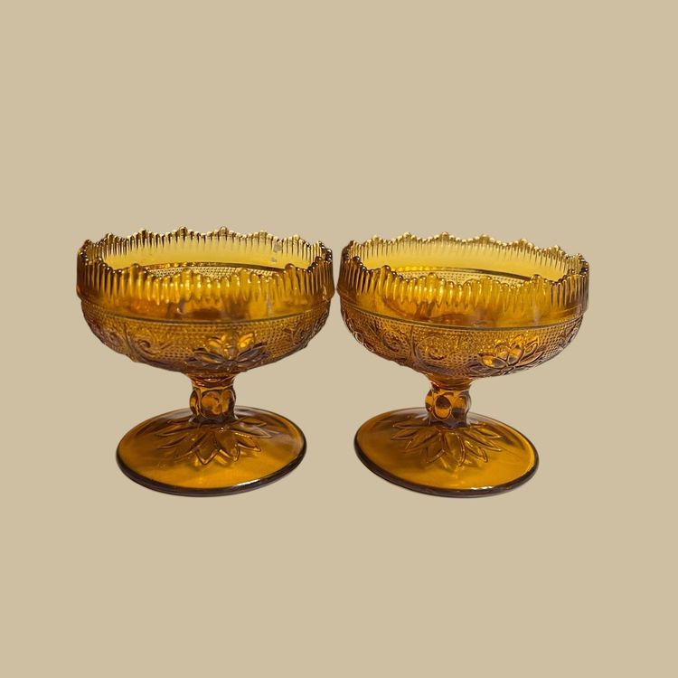 Footed Indiana Glass Amber Tiara Sandwich Pair Of Candlestick Holders 3.5" X 3.5"