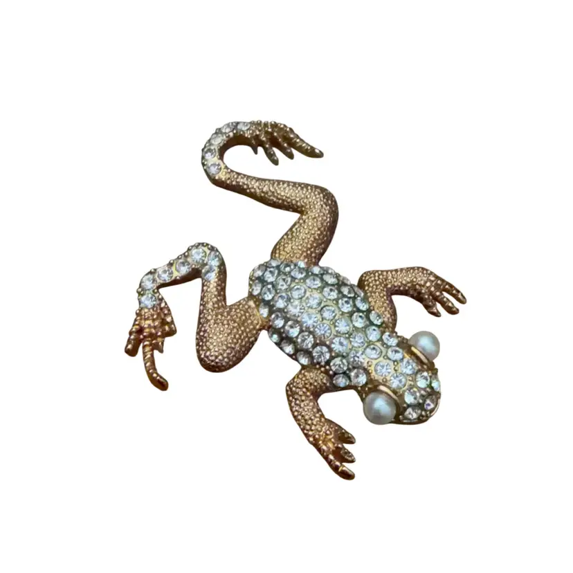 Vintage Pearly Eyes Rhinestone Gold Tone Frog Brooch