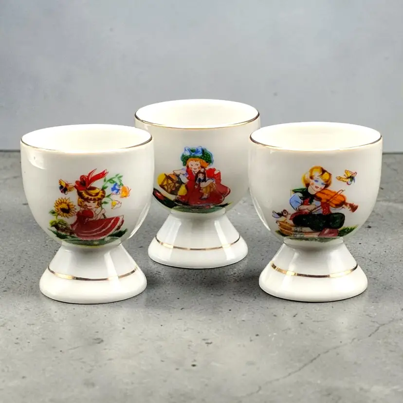 Vtg Young Girl Lady Red Dress Violin Sunflower Doll Egg Cups Set Of 3 Ceramic