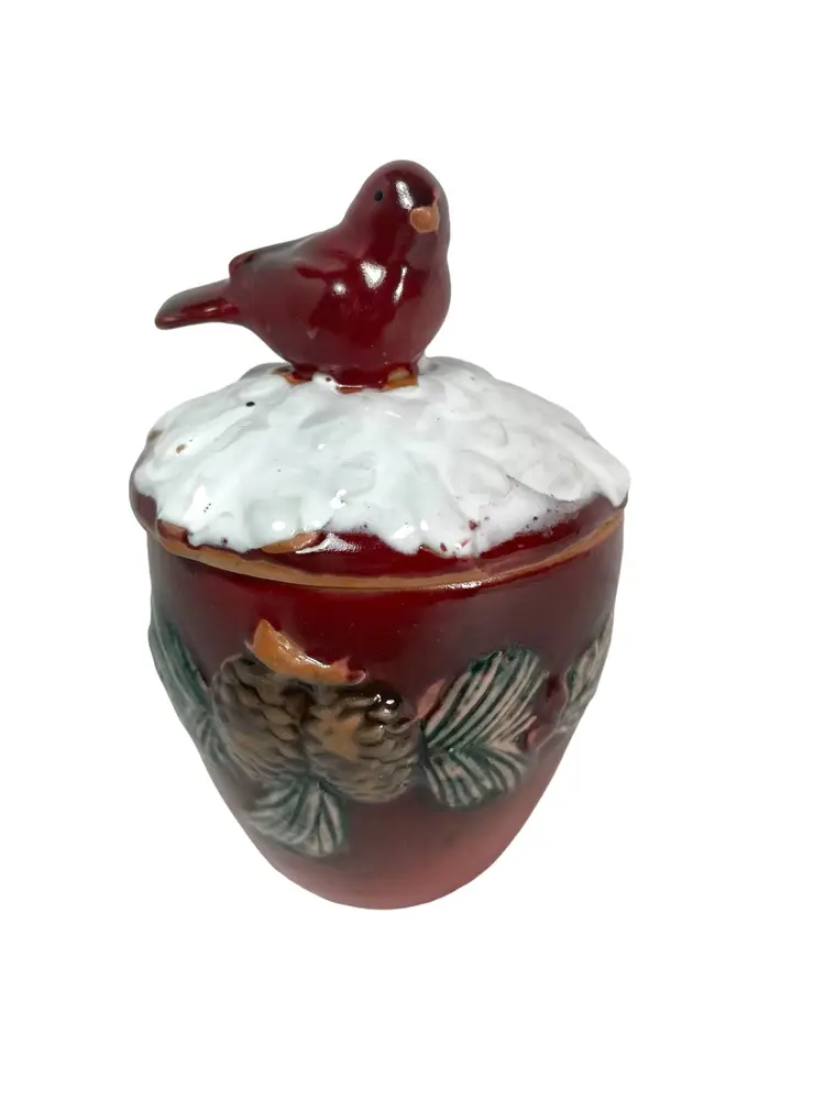 Christmas Red Cardinal Pine Cones Small Lidded Ceramic Jar Snow Winter