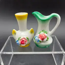 Occupied Japan, Miniature Pitchers Or Vases - Set Of 2 Green Pink Yellow 1.75" tall