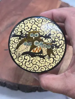 Vintage Paper Mache Lacquered Owls Lidded Trinket Box Kashmir India Signed