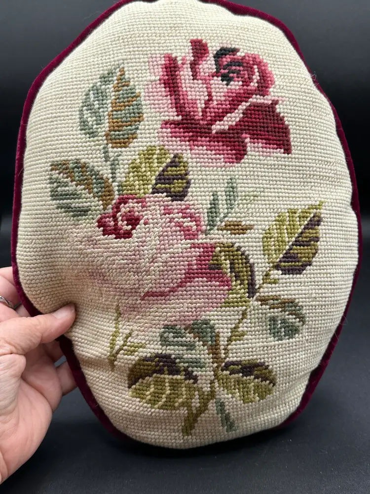 Oval French Cottage Core Rose Multicolor Needlepoint Embroidered Pillow