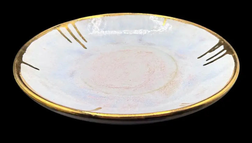 Signed Studio Art Pottery Large Shallow Bowl Plate Gold Drip Edges White 11”