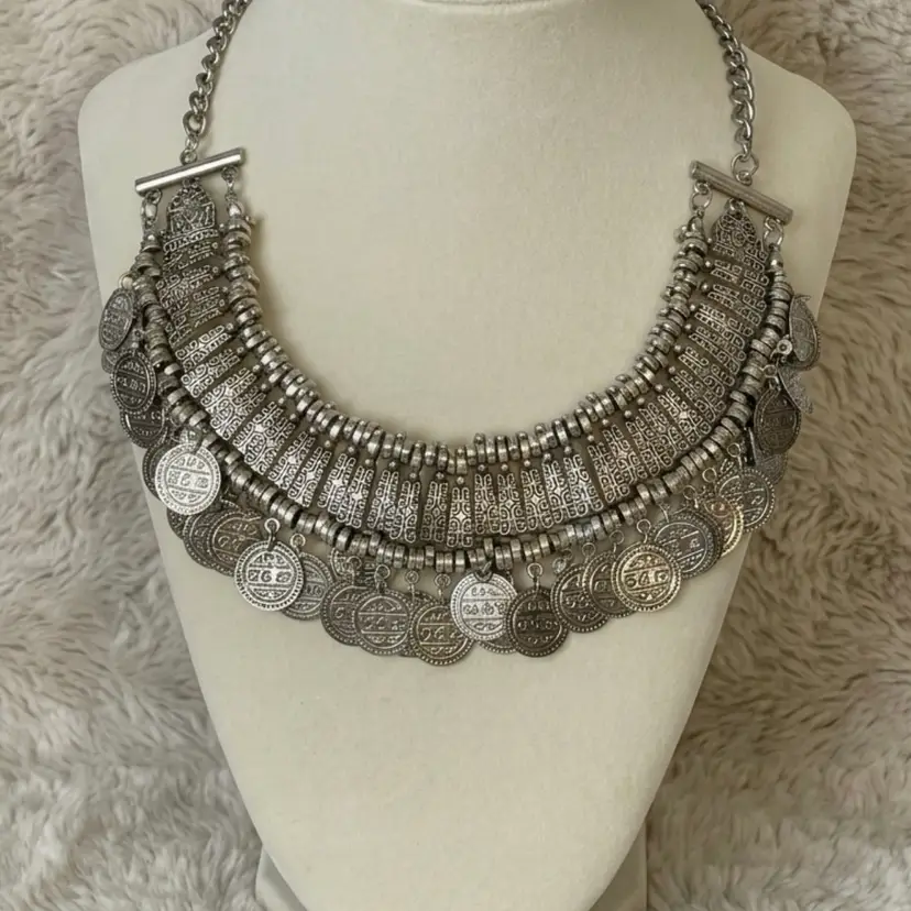 Silver Coin Fringe Statement Necklace Boho Festival Tribal Bib Gypsy Layered