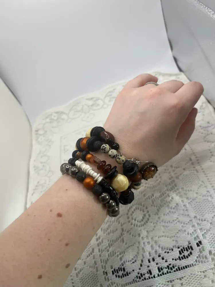 Handmade Wire Wrap Bracelet Set Dalmatian Jasper, Burnt Orange, Black & Beige