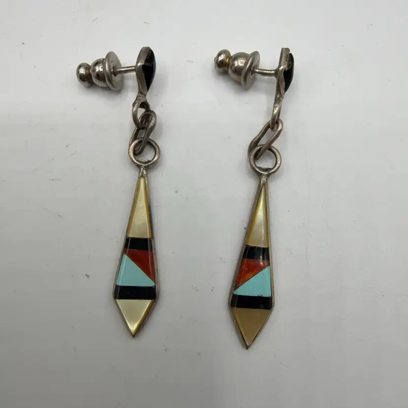 Zuni Native American Sterling Silver Tone Multi Stone Inlay Spear Head Dangle Pierced Earrings
