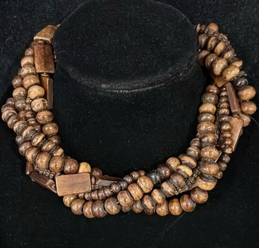 Vintage Unmarked Gerda Lynggaard Monies Necklace  6 Strand Wooden Hook