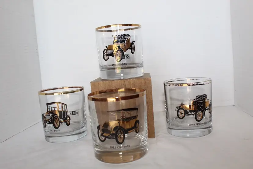 Set Of 4 Vintage Antique Car Barware Gold Glasses - Buick, Olds, Chevy, Cadillac