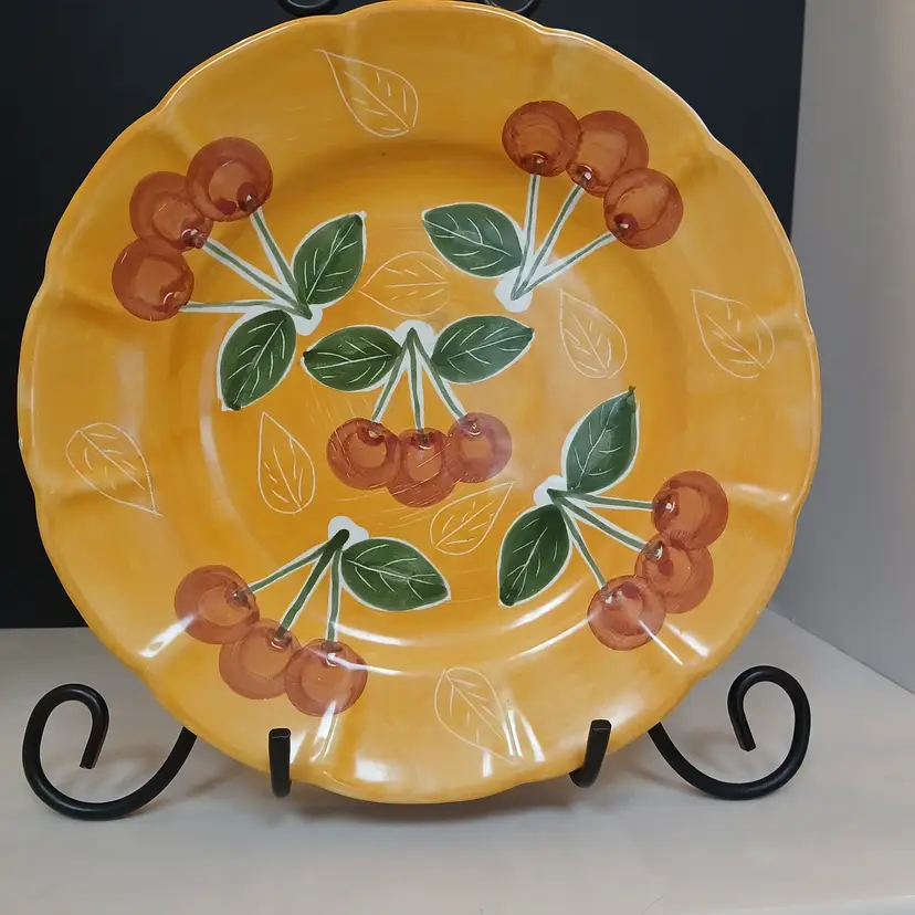 REDUCED - Vintage Pottery Barn Cherries Yellow Round Serving platter/tray