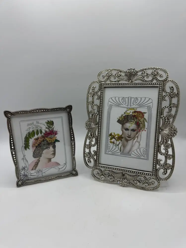2 Vintage Ornate Silver Tone Frames With Rhinestones And Sparkle Lady Pictures